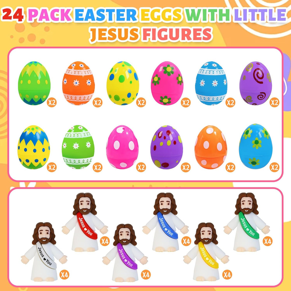 24 Pcs Filled Easter Eggs with Little Jesus Figures inside Mini Toys Easter Gift