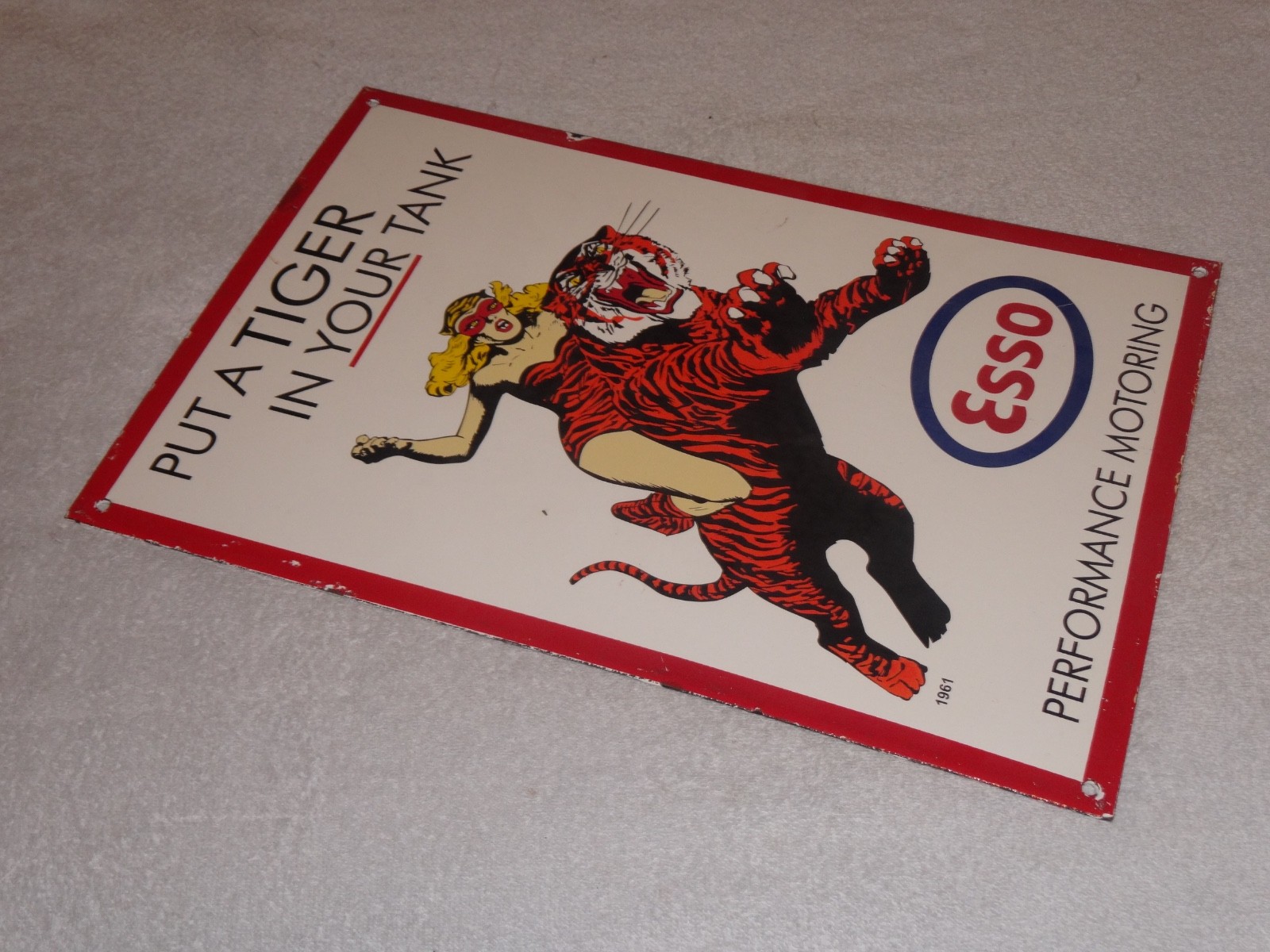 VINTAGE 1961 "ESSO CAT WOMAN RIDING TIGER" 18" PORCELAIN METAL GASOLINE OIL SIGN