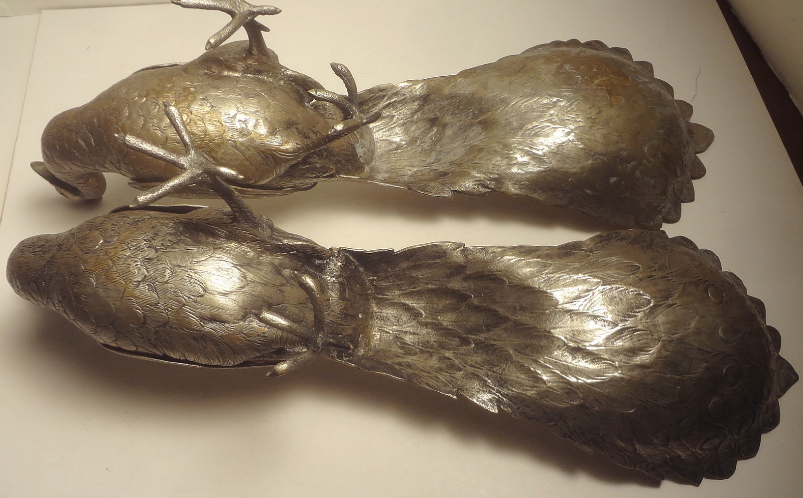 PR. ANTIQUE GERMAN SILVER full figure PEACOCK BON-BON serving TRAYS- HALLMARKED