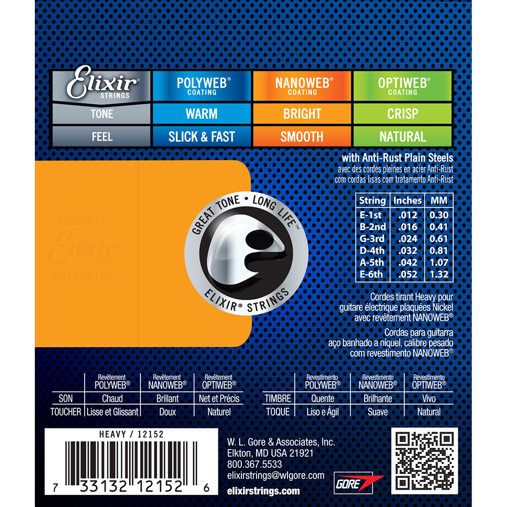 Elixir 12152 Nanoweb Heavy Electric Guitar Strings (12-52)