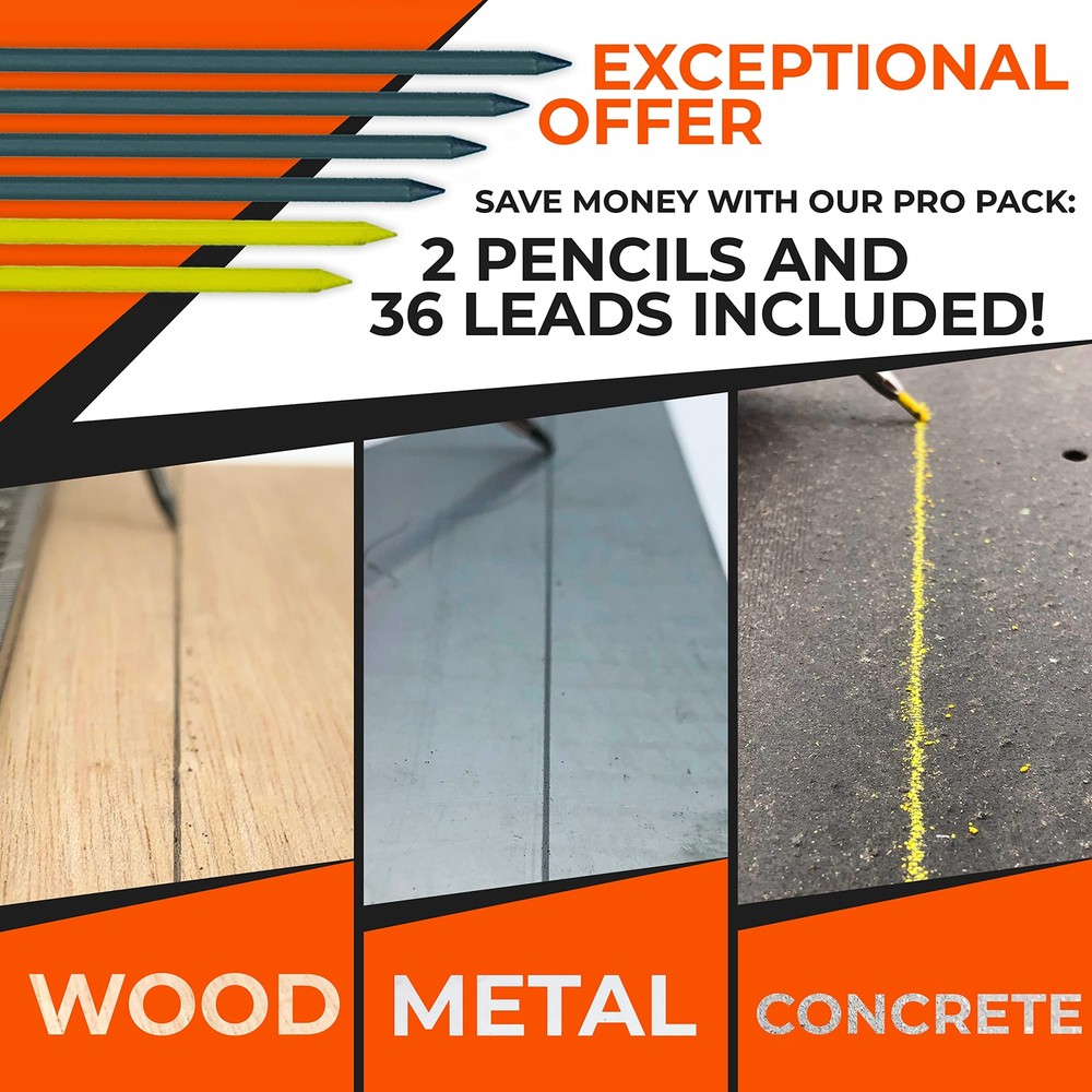 2 Carpenter Pencils Set for Construction - Incl. 38 Leads, Sharpene, Finger Grip
