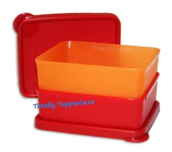 Tupperware Mini Square Aways Set of 2 Square Round Keepers Small Orange Red ❤️