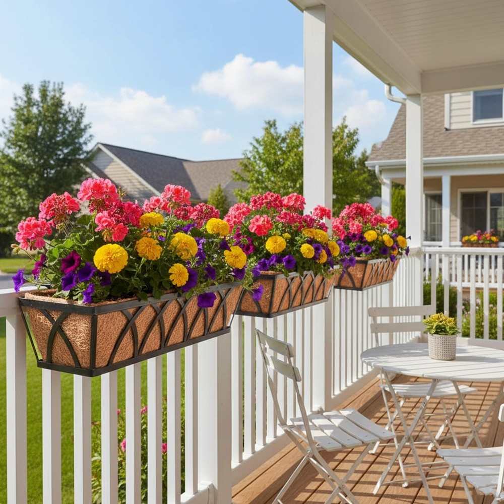 Window Deck Railing Planters Boxes with Coconut Liner, The Bottom Flat Window...