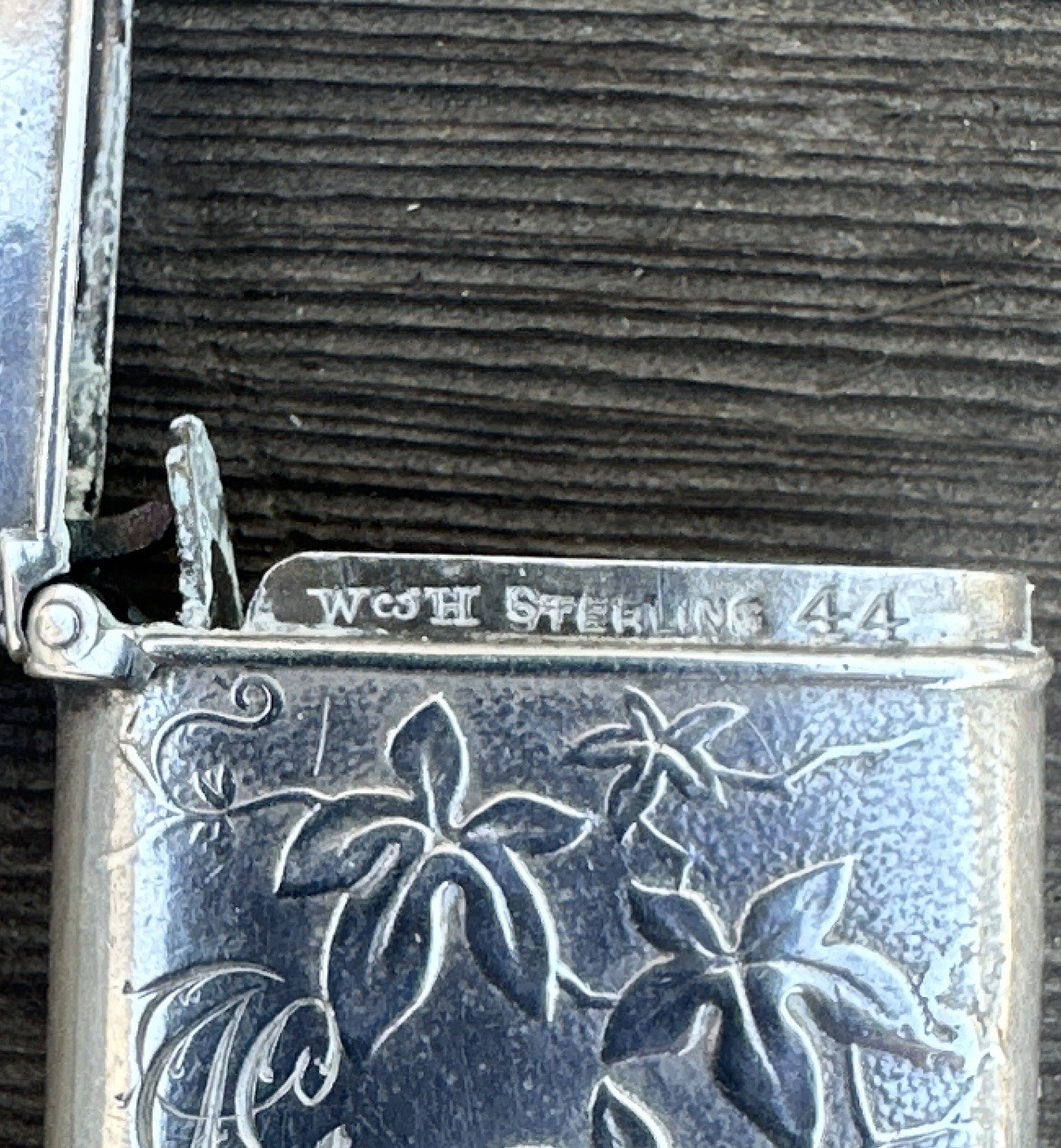 Antique Wood & Hughes Sterling Silver Floral Engraved Vesta Case Match Safe
