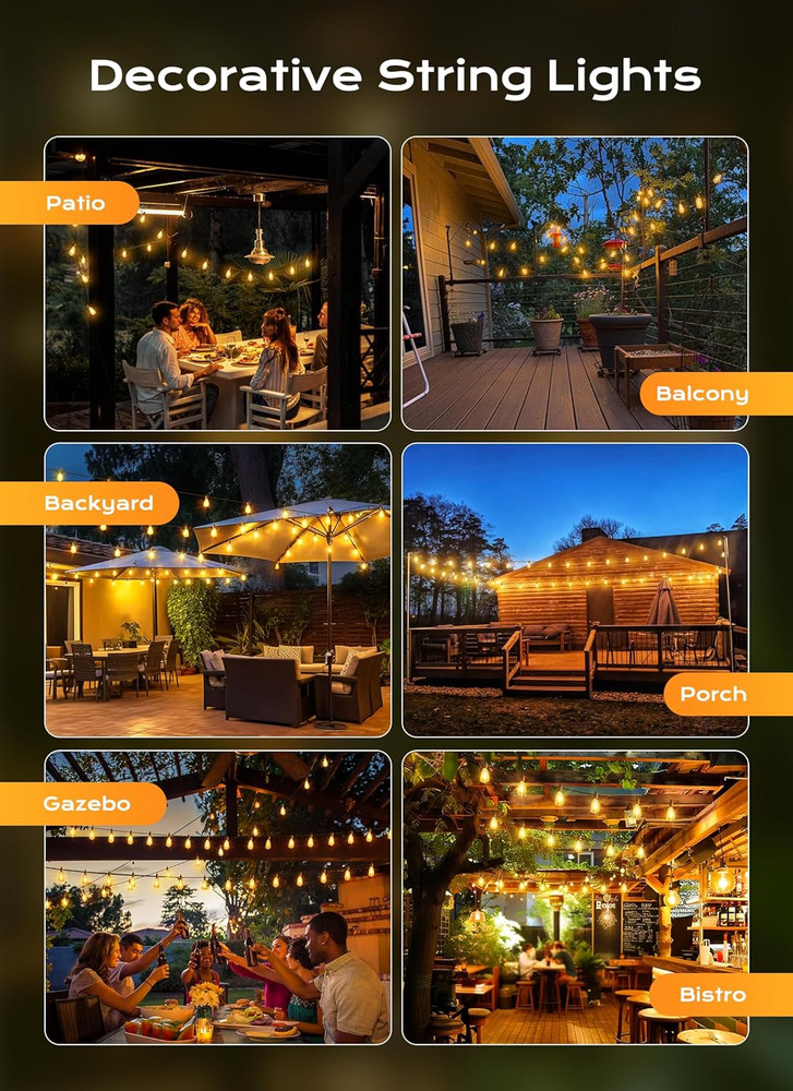Outdoor String Lights Patio Lights, 100FT ST38 Shatterproof Dimmable Waterproof