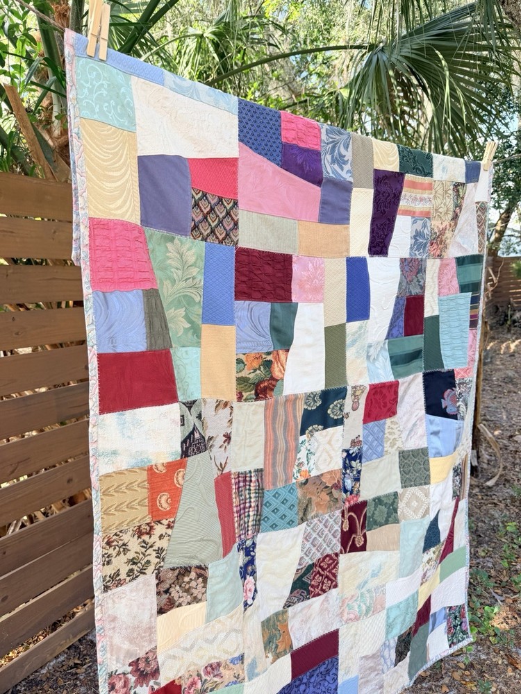Vintage Crazy Quilt Patchwork Handmade Multi-Texture Boho 48" x 68" Eclectic