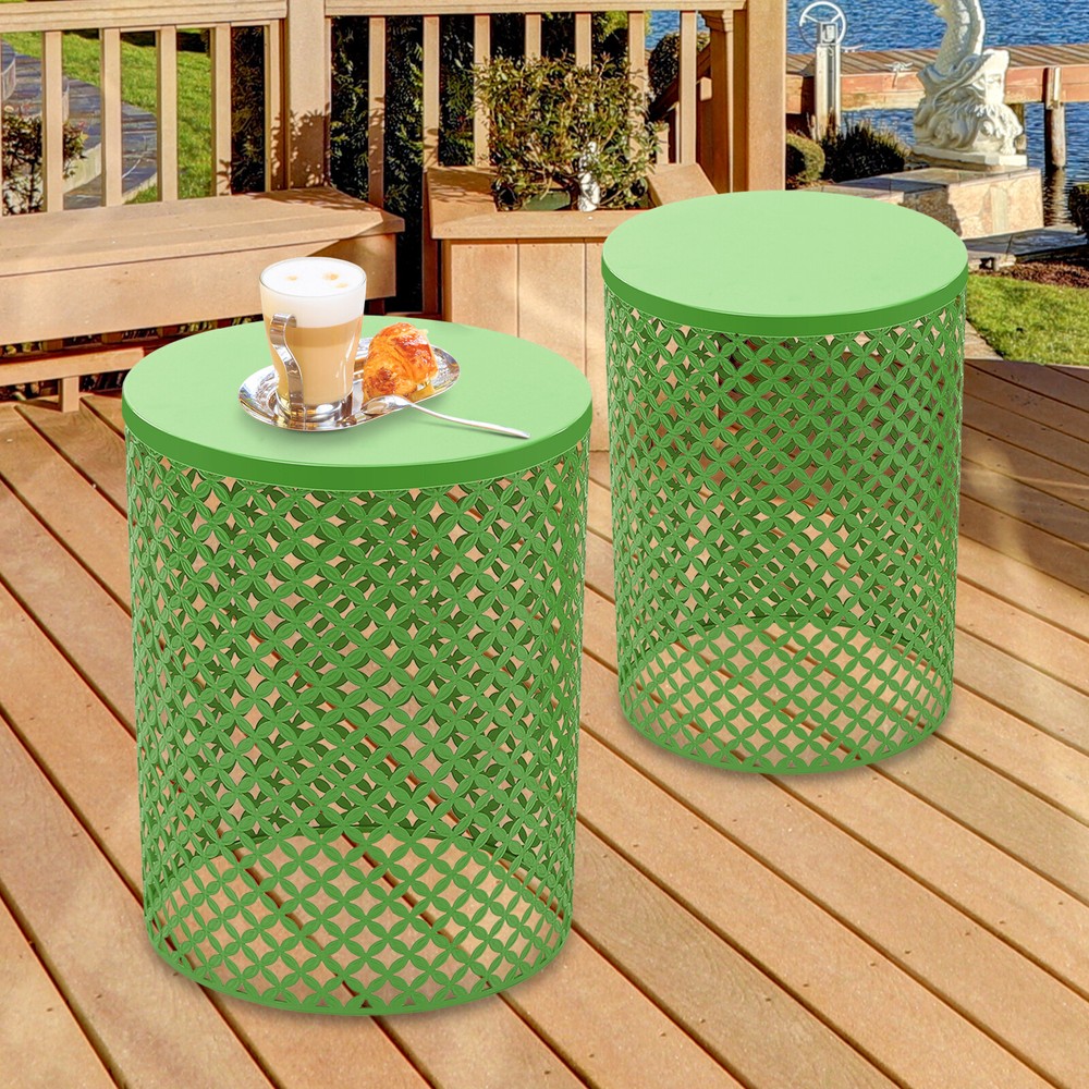 2PCS Green Side Table Metal Frame Accent Table Modern Openwork Pattern End Table