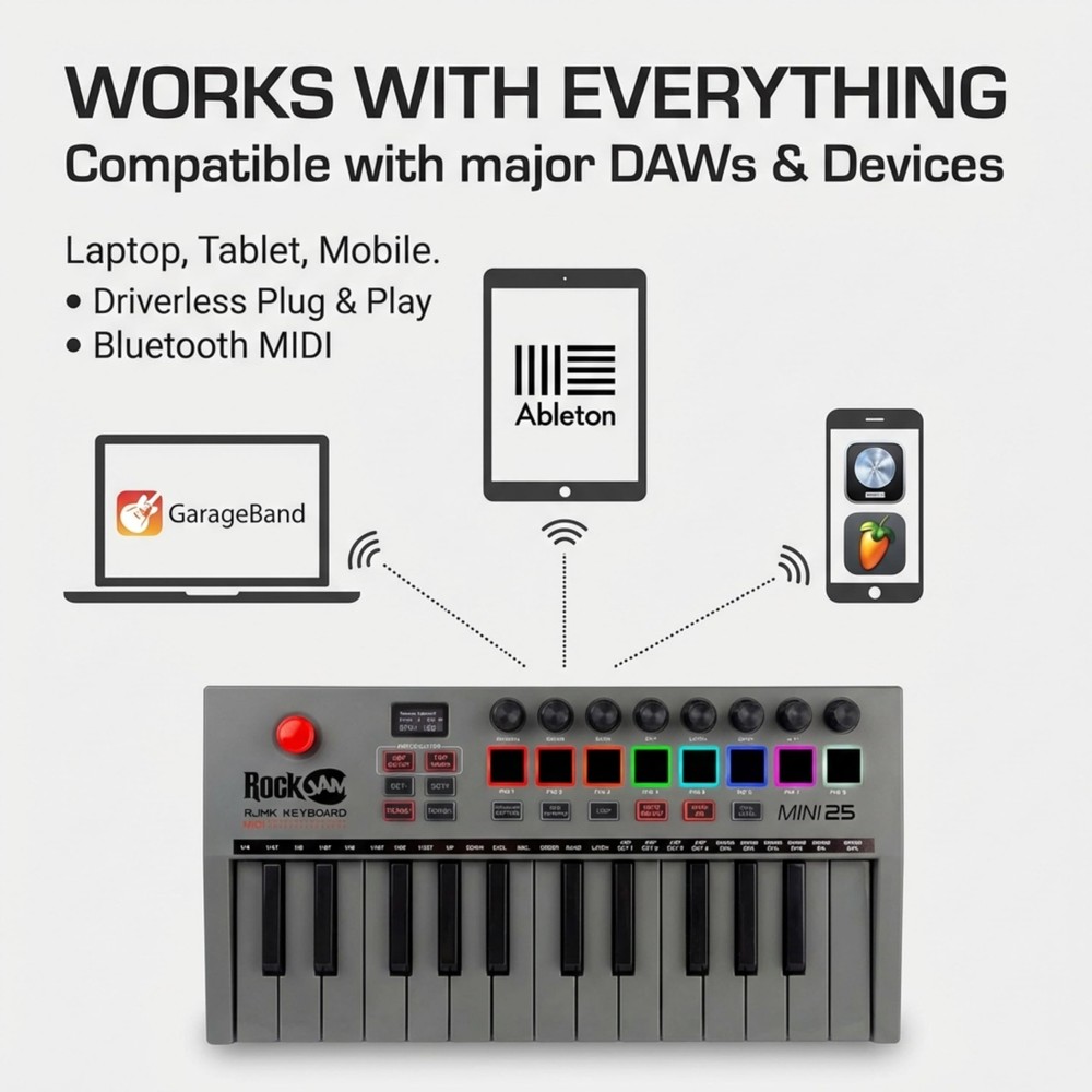 25-Key Rechargeable USB MIDI Keyboard Controller – Mini Piano Keyboard with V...