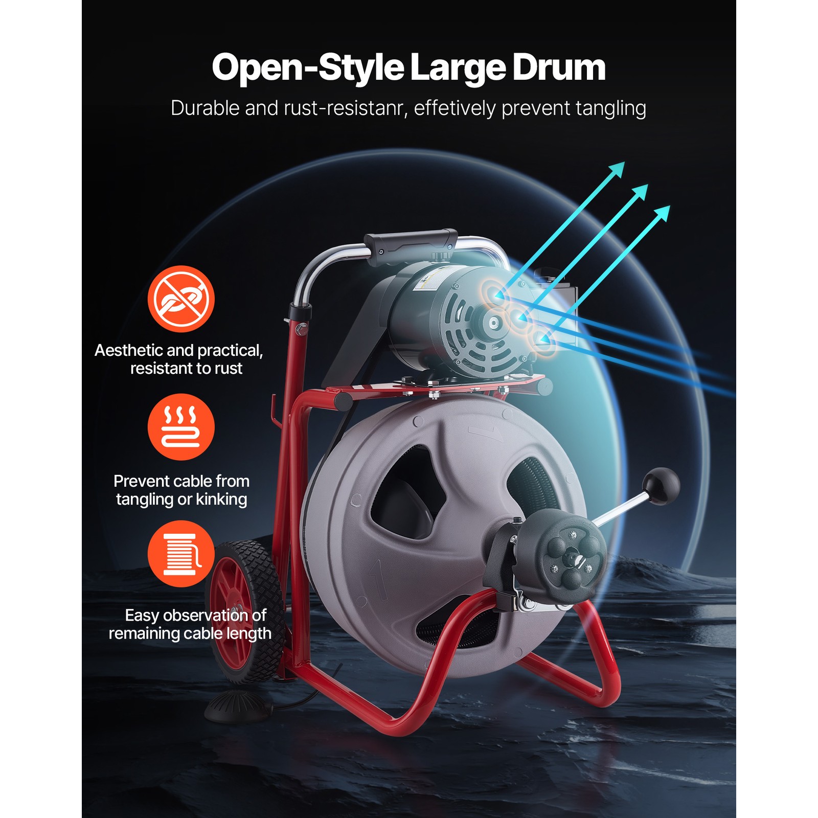 Uimoso Drain Cleaning Machine 100 FT x 3/8 In with Auto Feed,Wheels & 8 Cutters