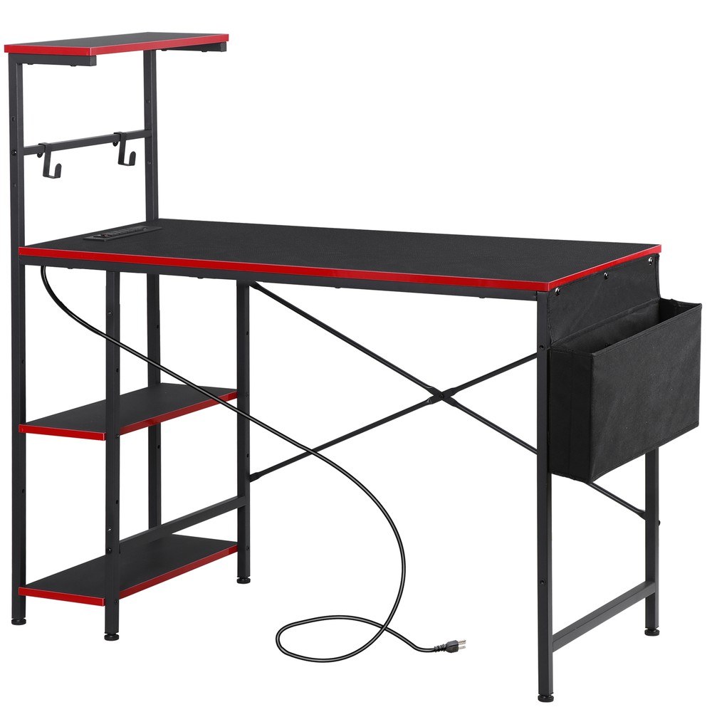 44" Computer Desk Rectangular Gaming Desk with LED Lights & Power Outlets Black