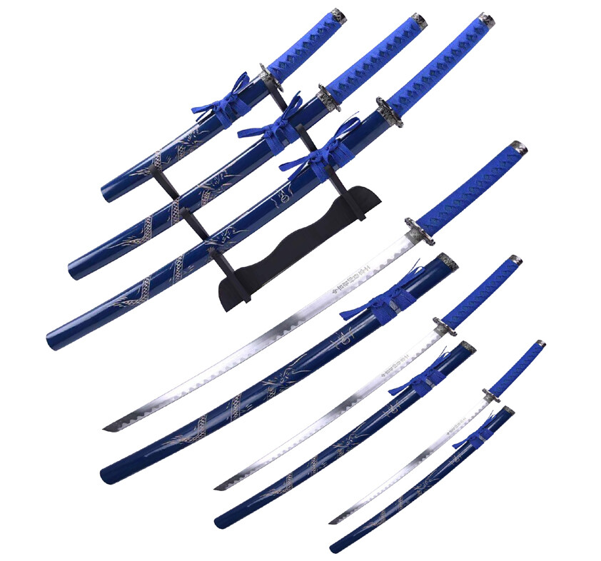 3pc Japanese Samurai Katana Sword Set Dragon Engraved Wooden Sheath w/ Stand Ni