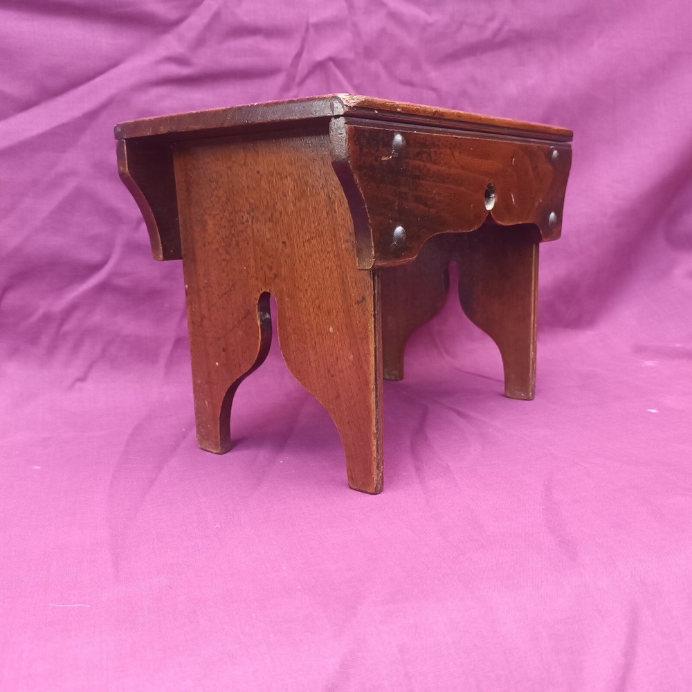 Small Antique Treen Studded Cracket style Stool marked 'E W'
