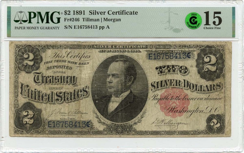 1891 $2 Silver Certificate Small Red Scalloped  Fr# 246 PMG CH F15 GCC Green