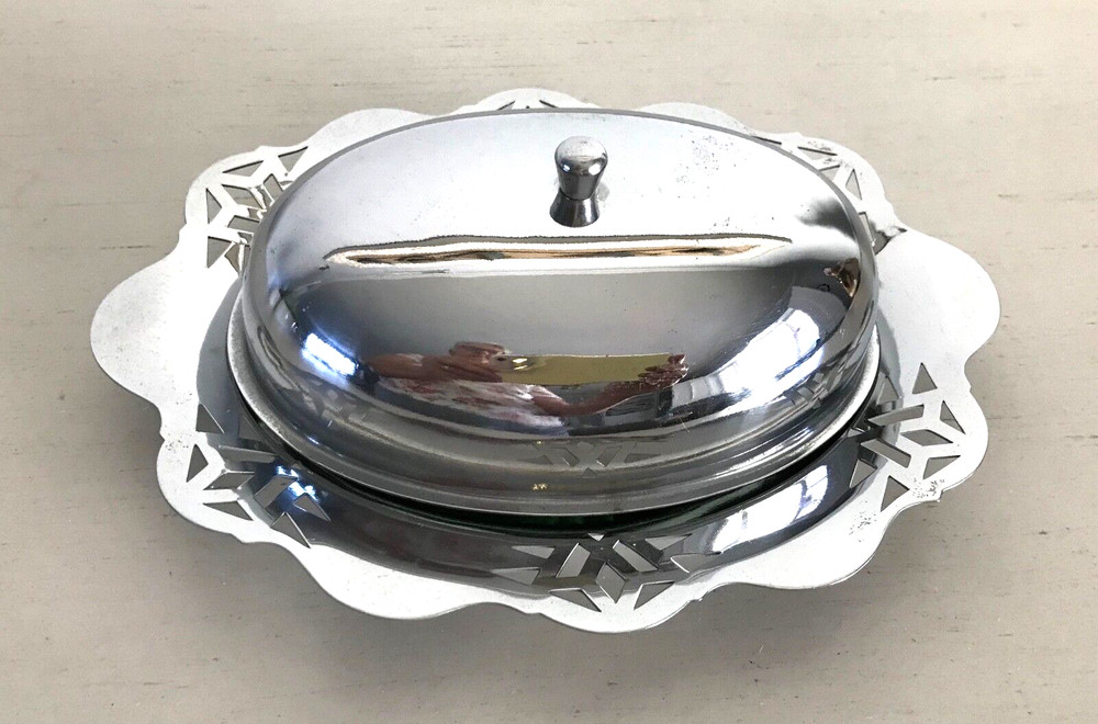 Vintage Shiny Silver-tone Metal Covered Serving Dish & Green Glass Insert 7"