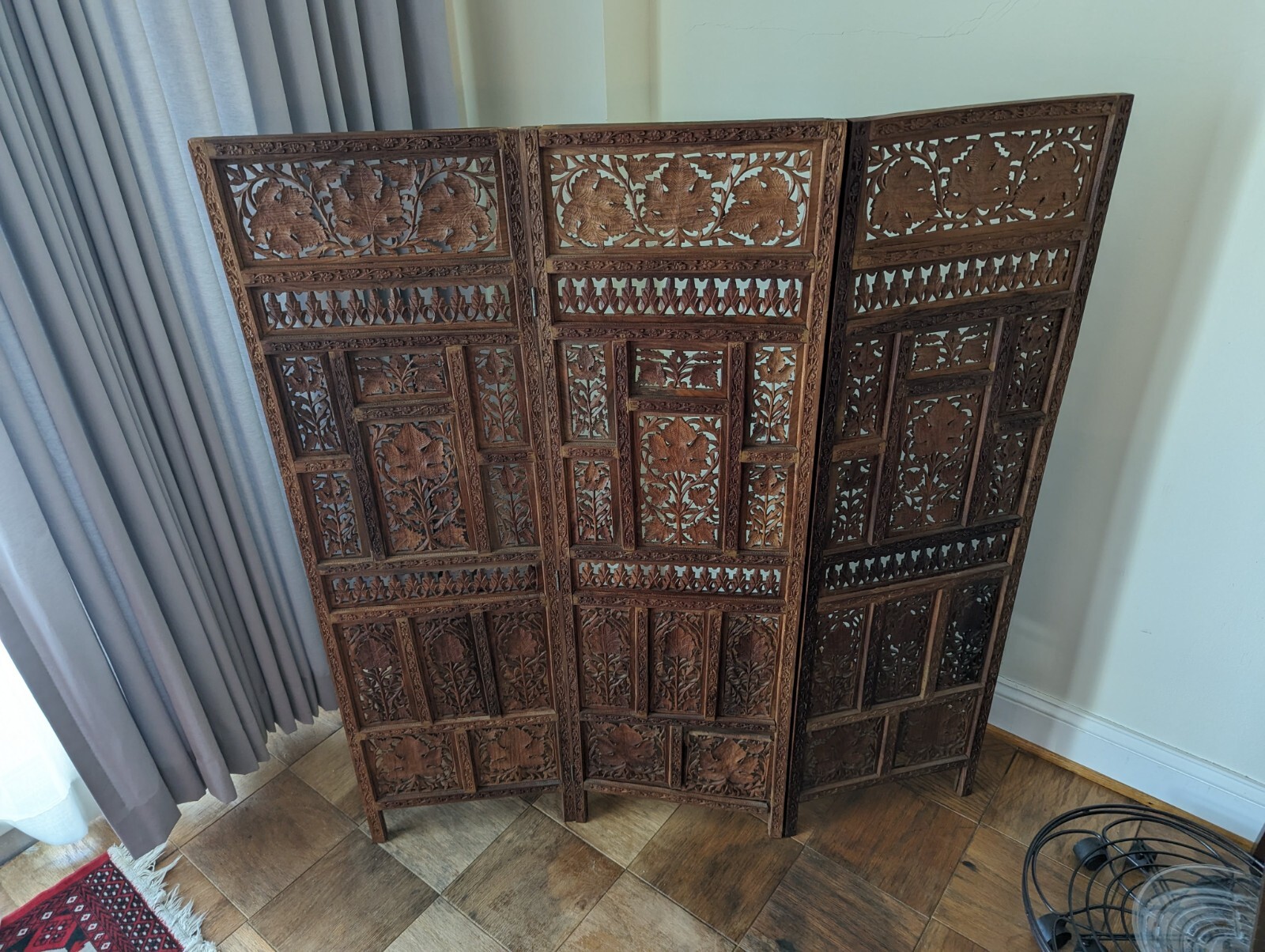 Vintage 3 Panel Hand Carved Screen, 4 ft. Tall Room Divider