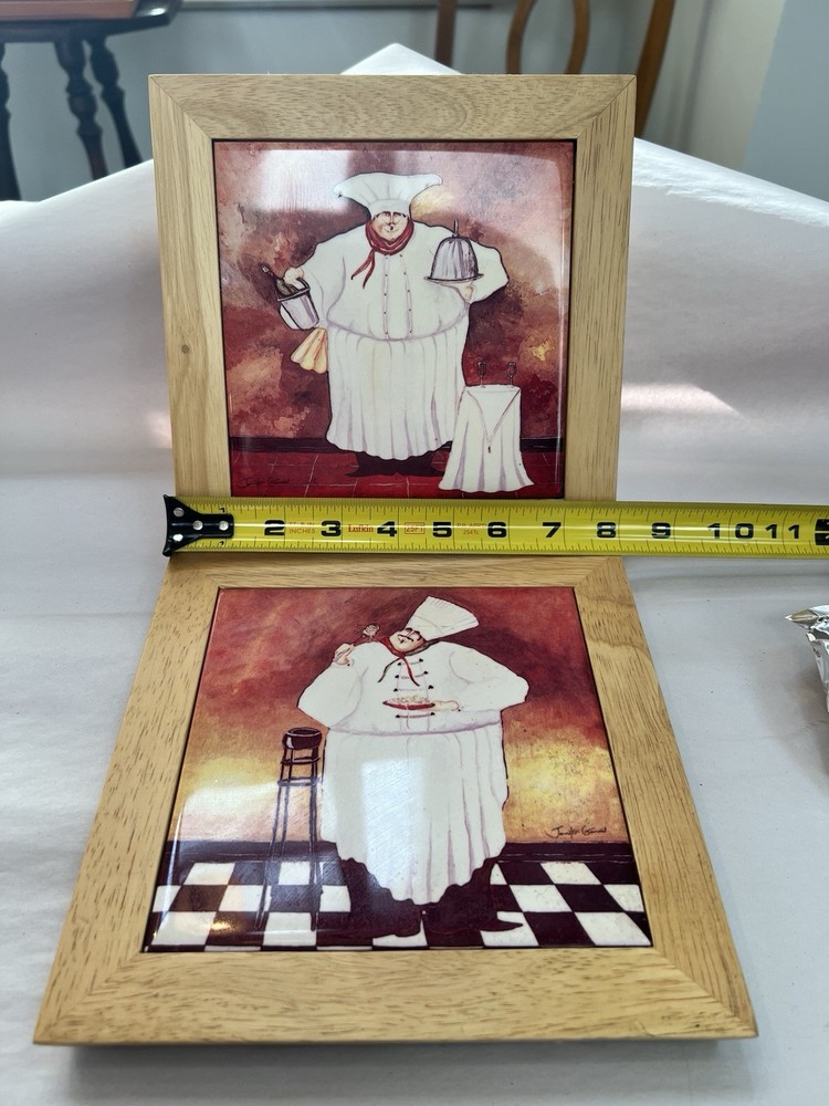 Two Jennifer Garant “Fat Chef”Framed Ceramic Tile Trivets Wall Hangings