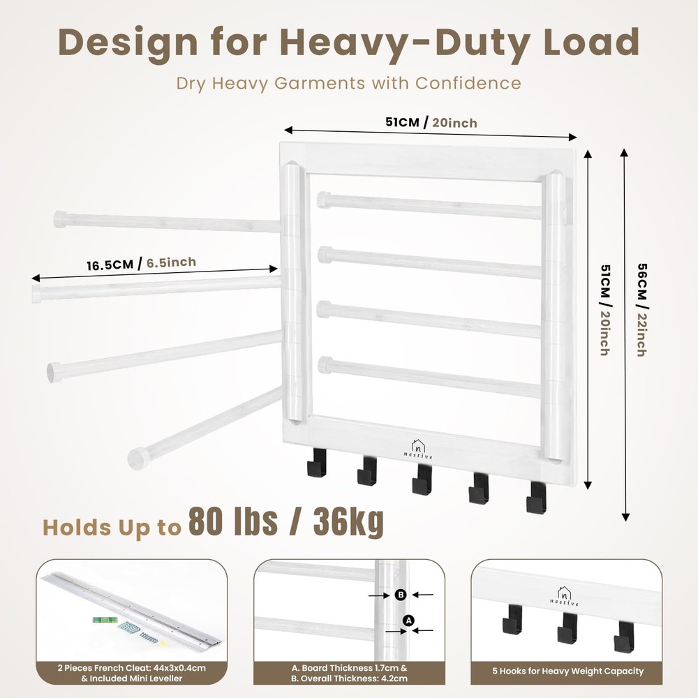 Bamboo Wall Mount Drying Rack for Laundry – Collapsible Foldable Clothes Drye...