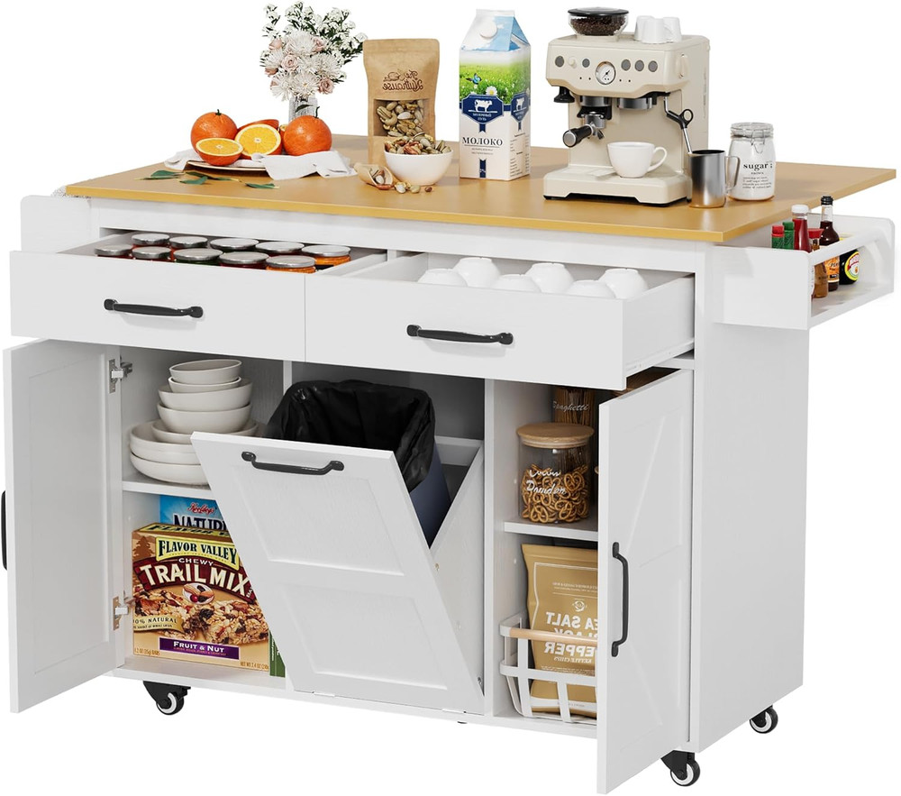 Rolling Kitchen Island Cart with Trash Can, Drop Leaf & Storage - White