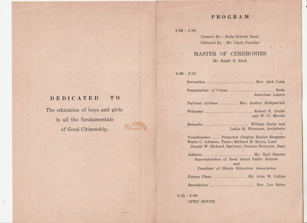 1957 PROGRAM - BUDA HIGH & GRADE SCHOOLS - DEDICATION & OPEN HOUSE - ILLINOIS