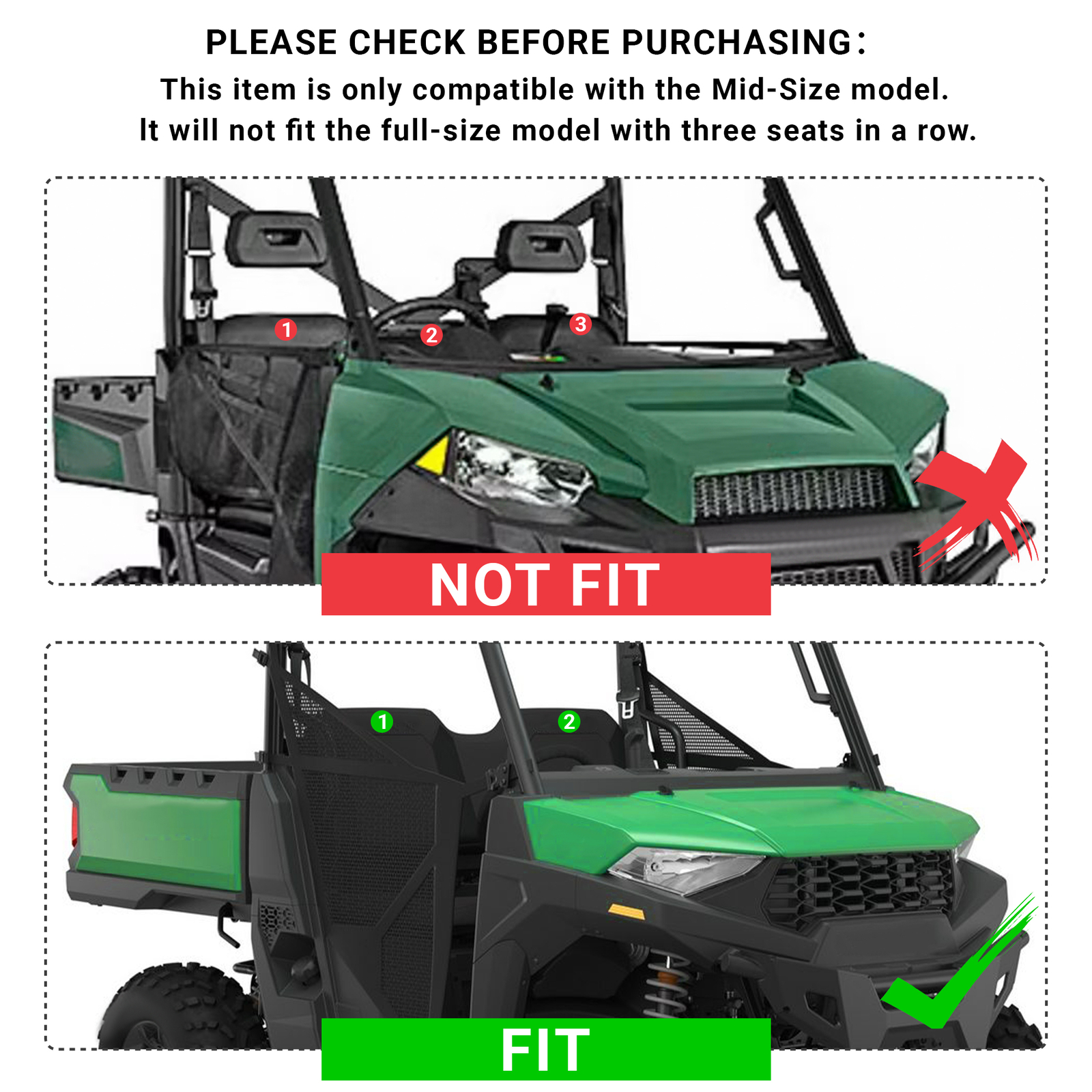 2 pcs Hard Top Roof Fit Polaris Ranger 570 Crew Mid-Size 2015-2019 4 Seat