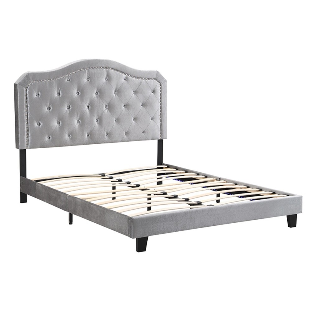 Queen Size Bed Frame Upholstered Platform Bed w/ LED Lights Black/Light Gray