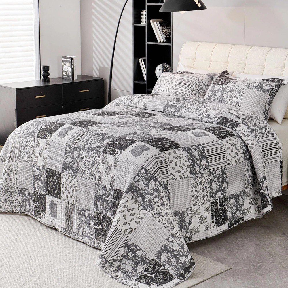 King Quilt Bedding Set Patchwork 100% Cotton Bedspread Coverlet Lightweight Gray