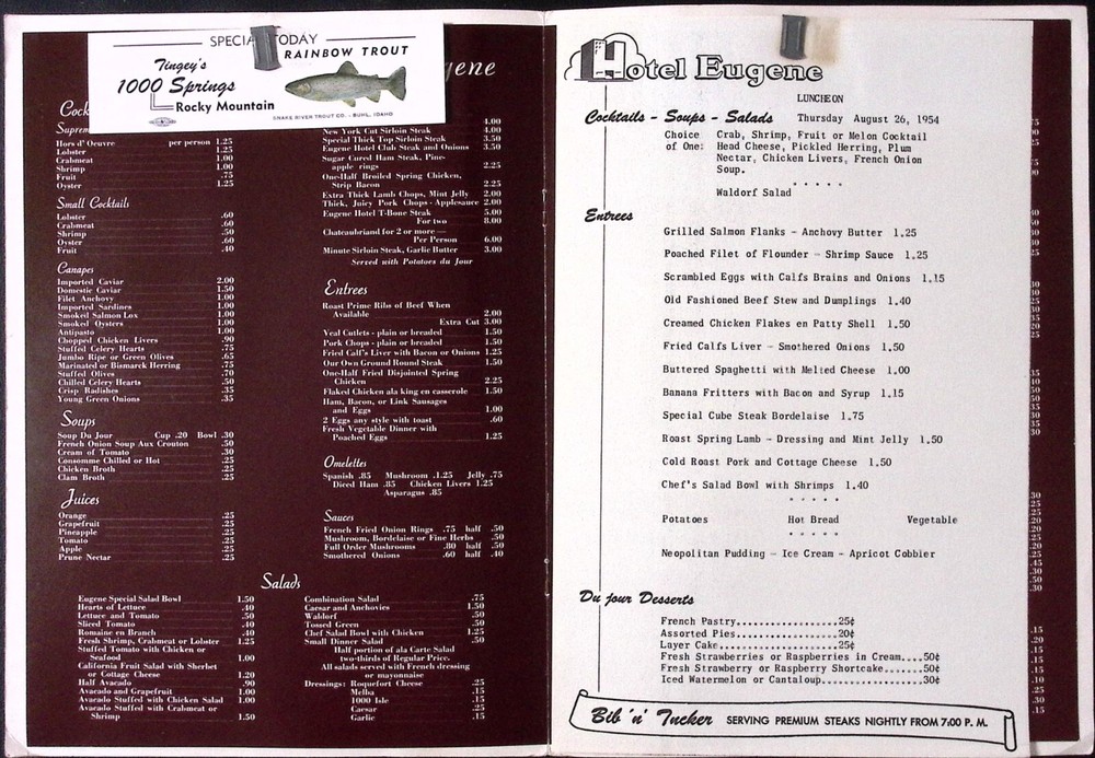1954 Eugene Hotel Eugene OR Dinner Menu Cocktail Menu Wine List