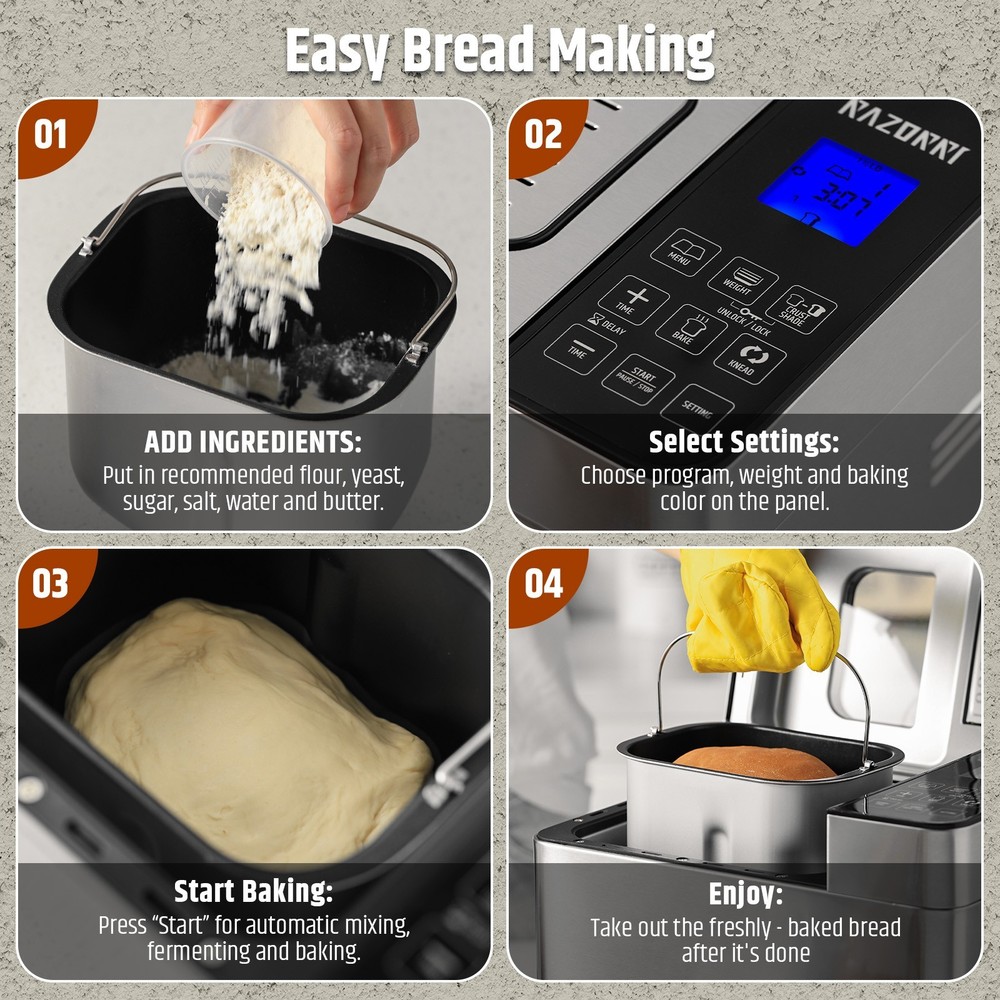 2LB 18-in-1 Bread Maker Automatic Dough Machine Nonstick 3 Crust Colors