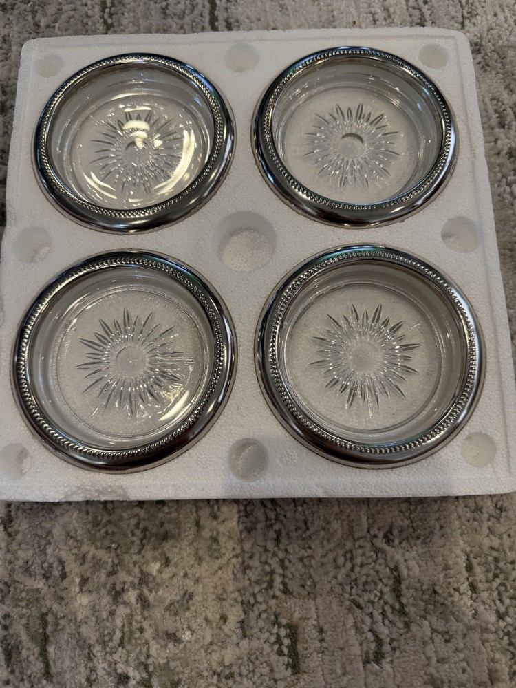 Vintage Leonard Silverplate & Crystal Coaster Set - Sunburst Design - 4 Pieces