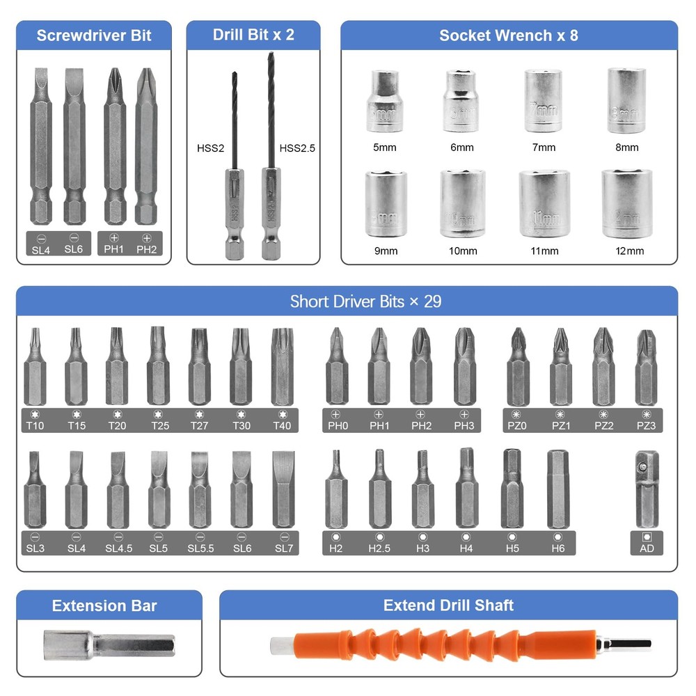 3.7V Cordless Screwdriver Set, Rechargeable Drill with 47 Bits & LED Light