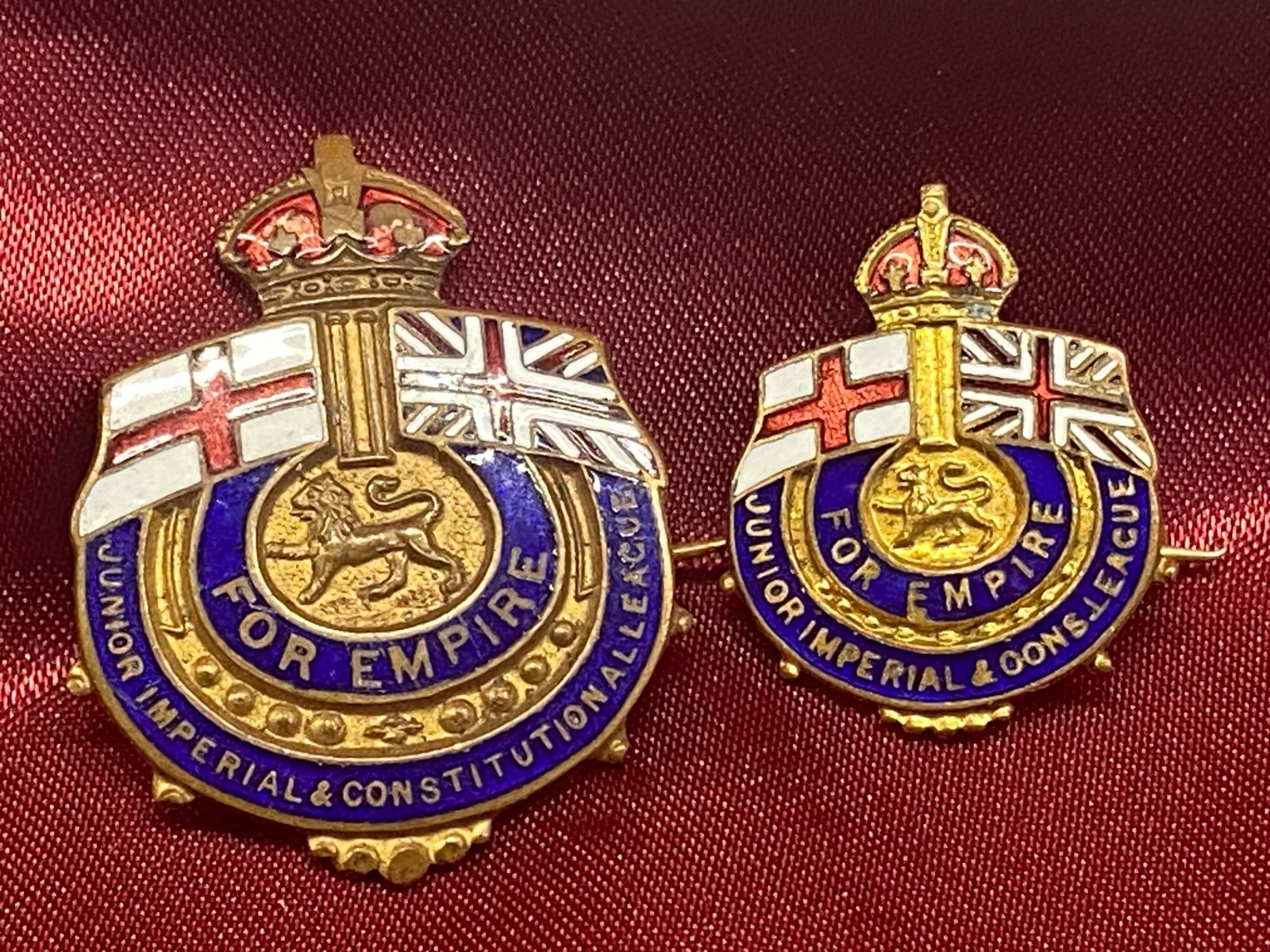 2 x Junior Imperial & Constitutional League "For Empire" Enamel Lapel Badges