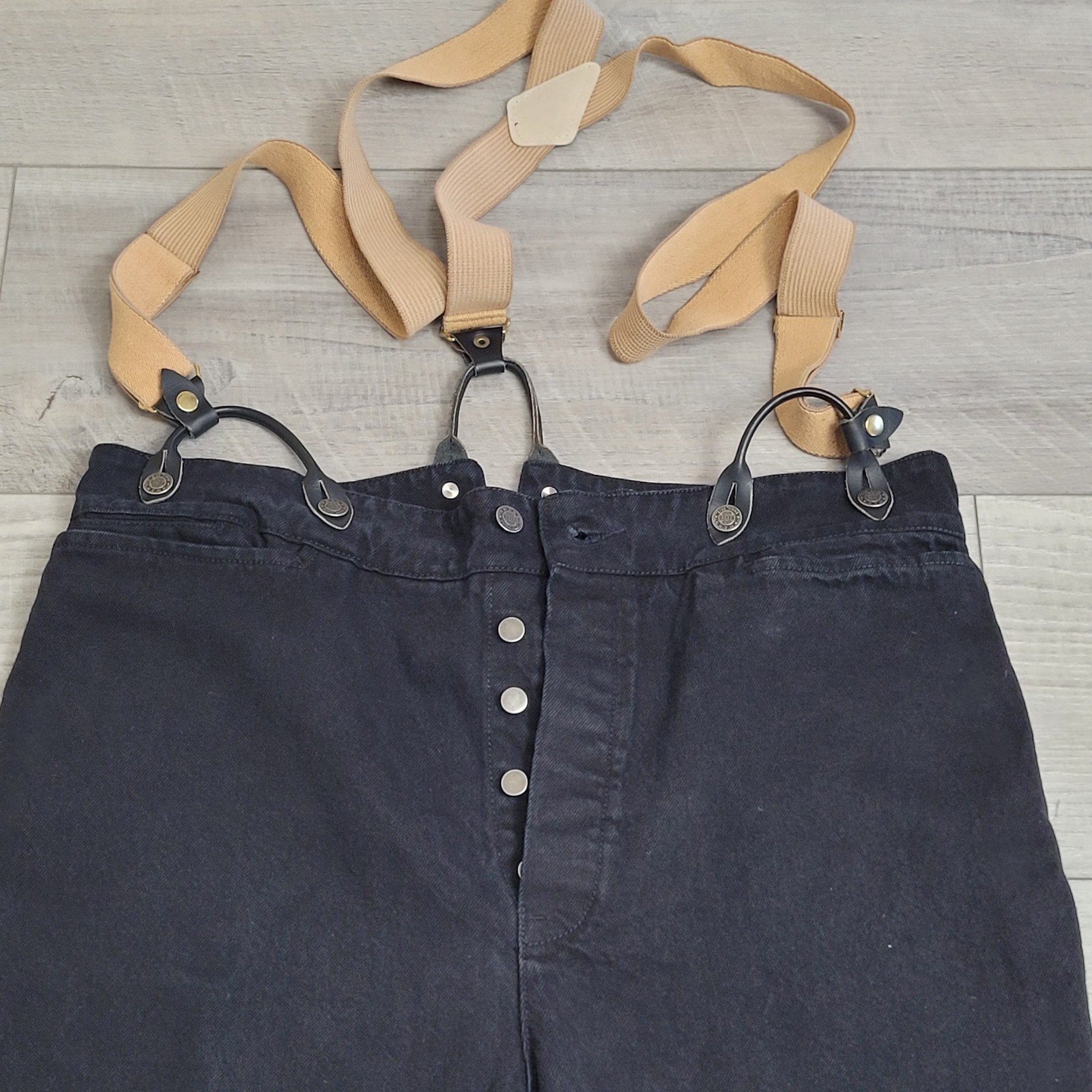 VTG Wah Maker Frontier Clothing Pants Mens 38 Black Denim Suspenders Button Fly