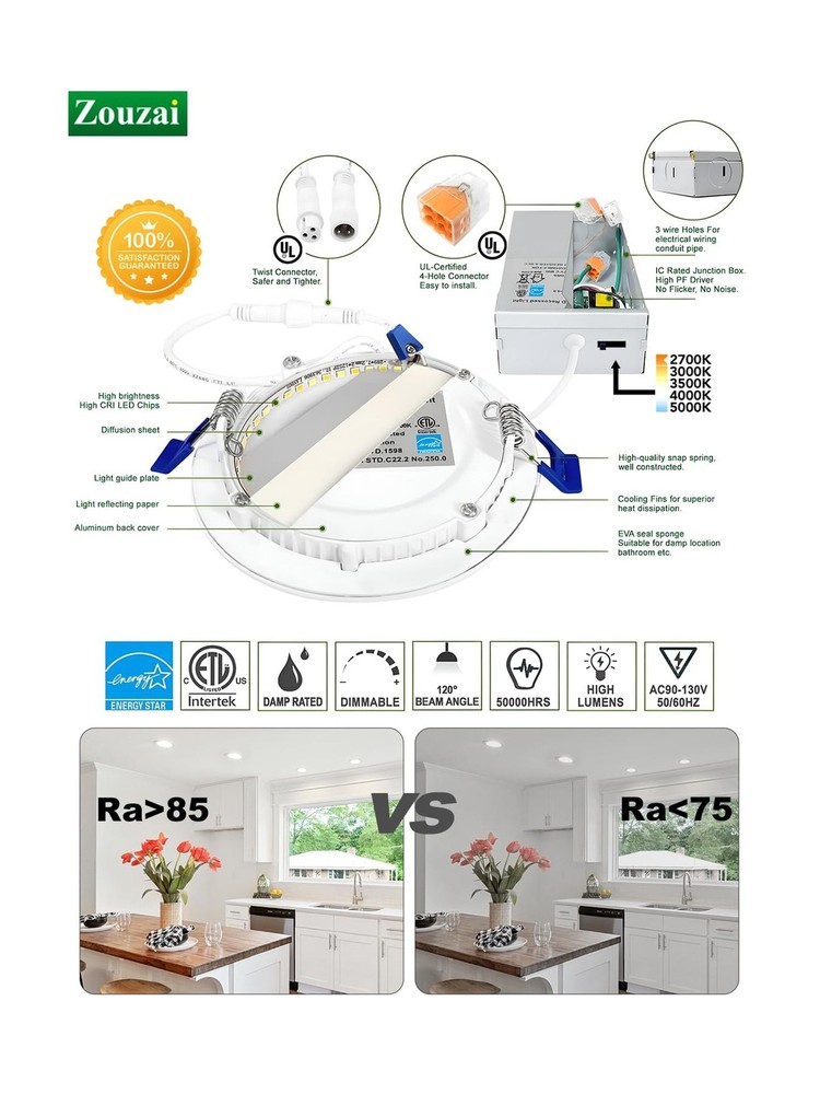 zouzai 24 Pack 4 Inch Ultra-Thin LED Recessed Ceiling Light with Junction Box...