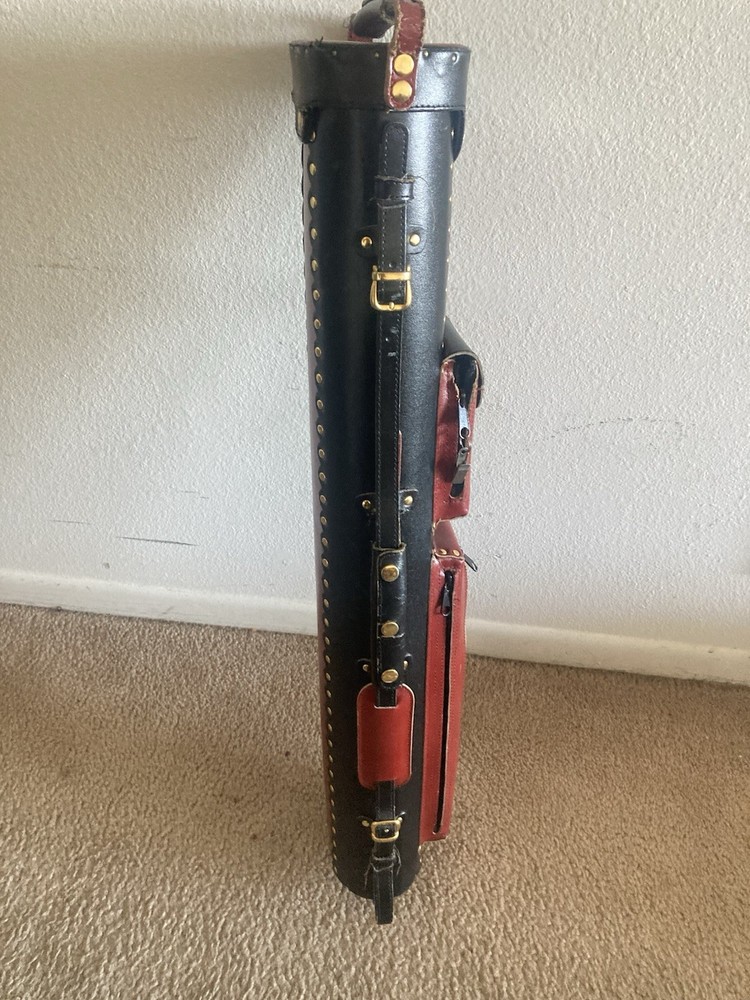 Black Red Leather Hard Billiard Cue Case Studded Multi-Compartment pool case
