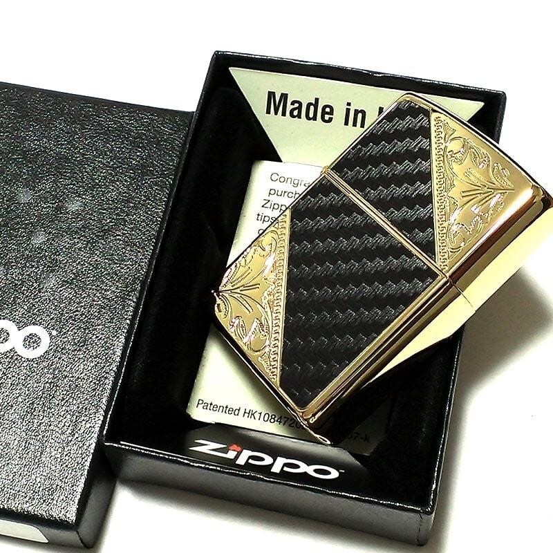 Zippo lighter Black Carbon Gold Etching Engraving 2 Sided Processing Regular