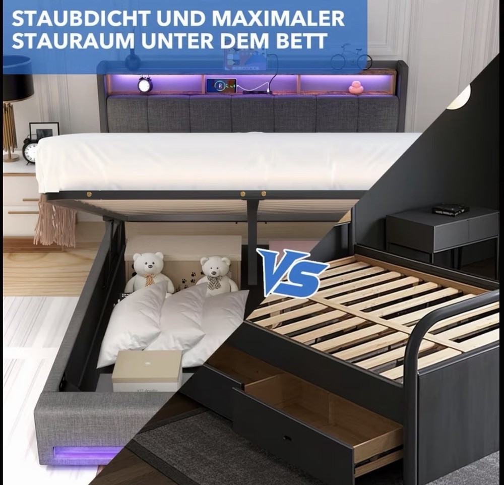 Modern double bed with LED, linen container and padded backrest
