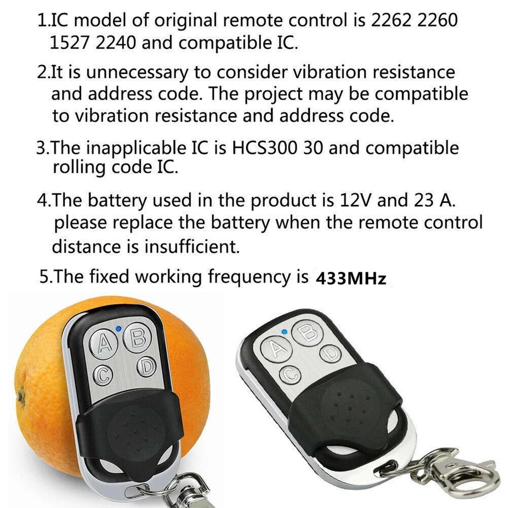 2* Universal 4 Button Gate Garage Door Open Remote Control 433MHZ Fixed Code/