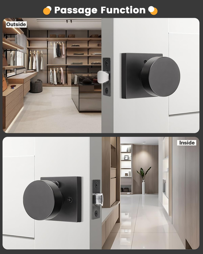 Matte Black Door Knobs with Square Rosette - 10 Pack, Heavy Duty Handles