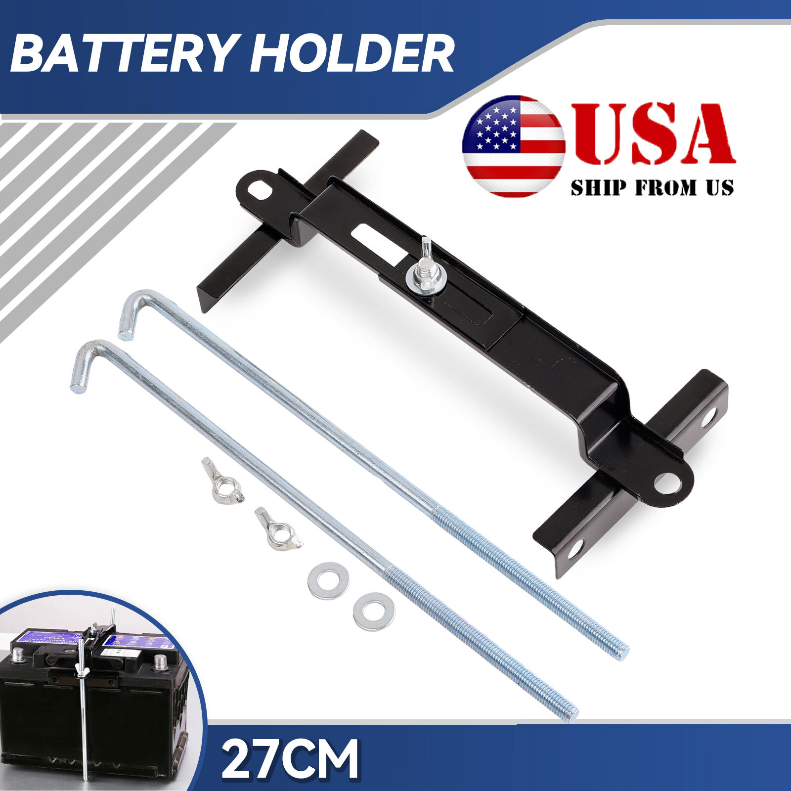 10.6'' 27CM Battery Car Tie Down Bracket With J bolts Hold Down Sets Adjustable.