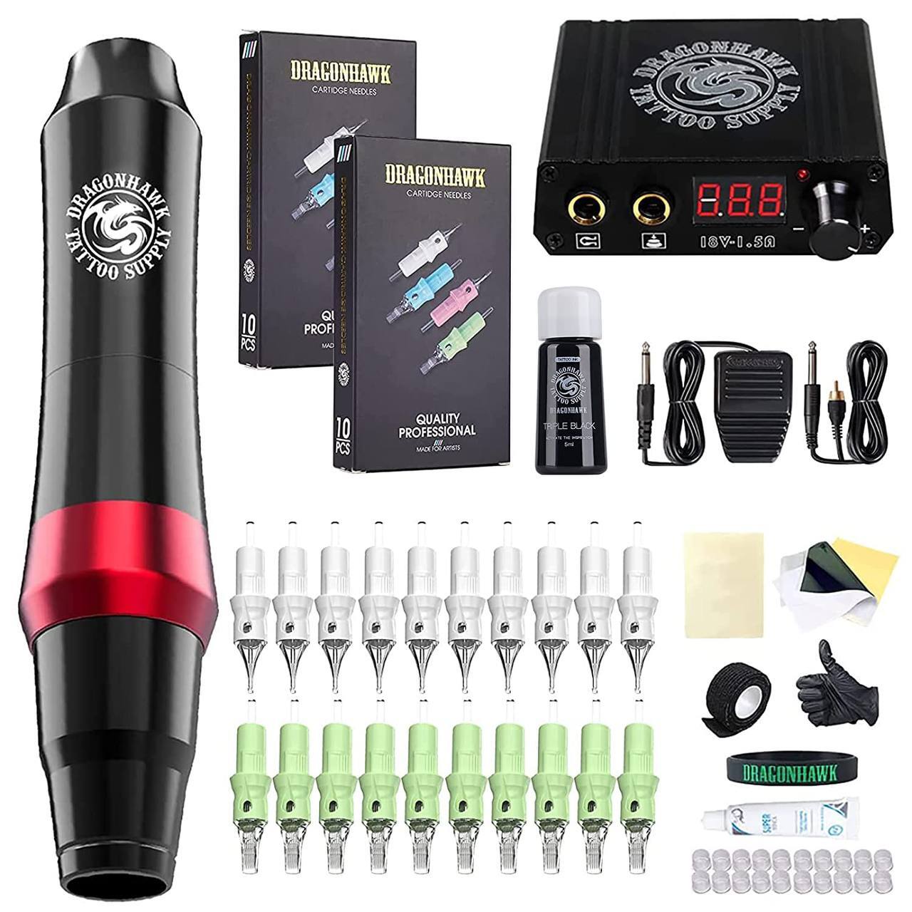 Dragonhawk S4 Tattoo Pen Machine Kit 20Pcs Cartridges Power Supply