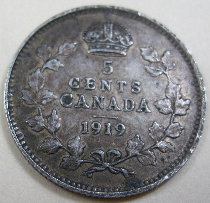 1919 silver Canada Five Cents (#223d)