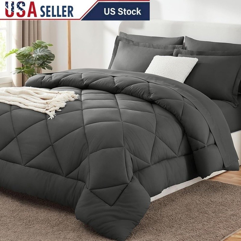 King Size Comforter Set Soft Microfiber Bedding Fitted Sheets Pillowcases Grey