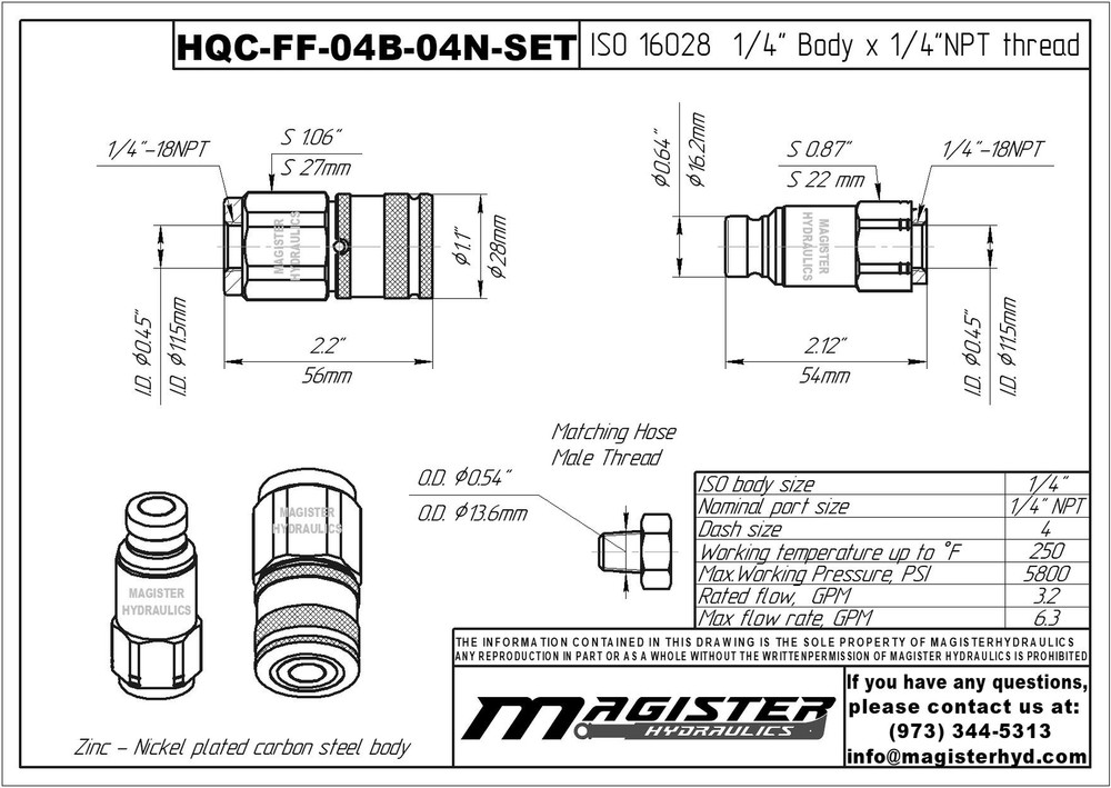 1/4″ Flat Face Hydraulic Quick Couplers Set - 1/4″ NPT Thread