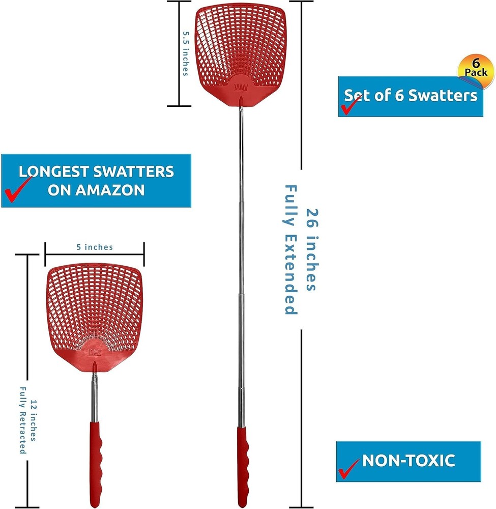 Bug & Fly Swatter – Retractable Extra Long Extendable Handle 6 Pack Fly Swatt...