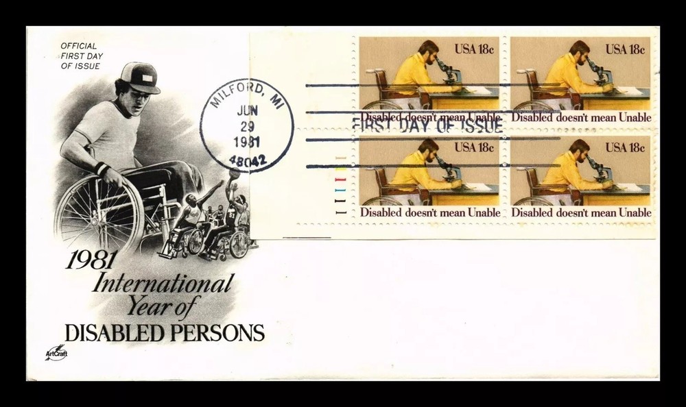 DISABLED DOESNT MEAN UNABLE  1981 ARTCRAFT CACHET PLATE#BLOCK FDC UNADDR