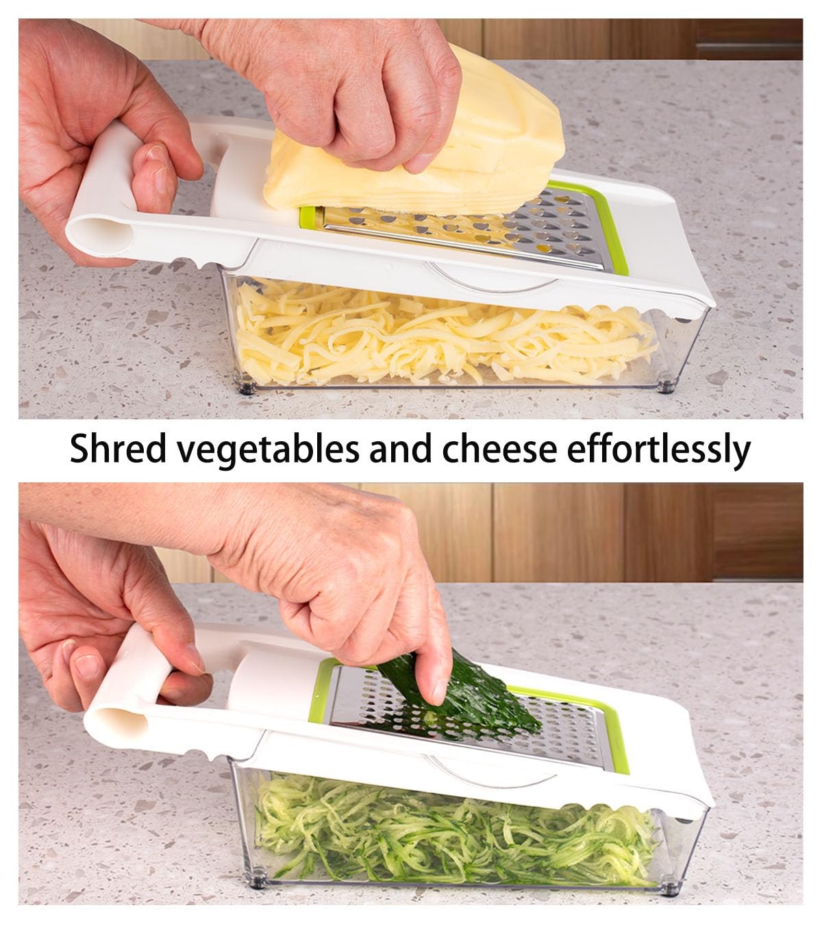 NACOLUS Cheese Grater with Container,5 In 1 Mandoline Slicer 11.4*4.7, Green