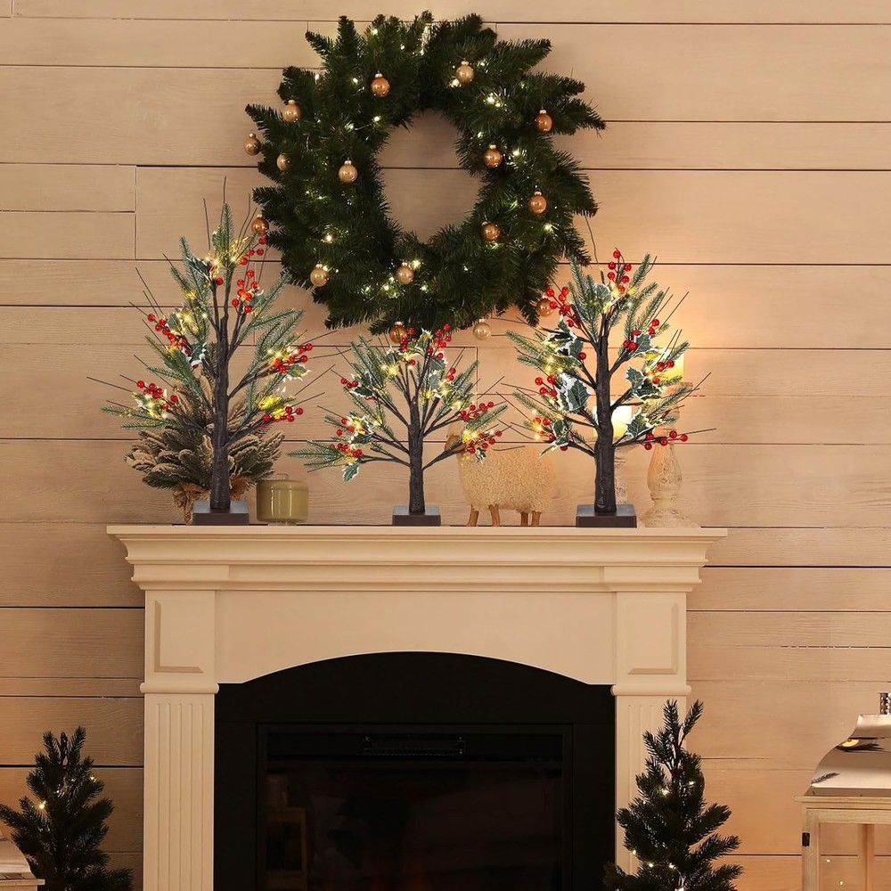 3 Pcs Christmas Lighted Birch Tree with Berry Stems Pine Branches Tree, 1.5ft...