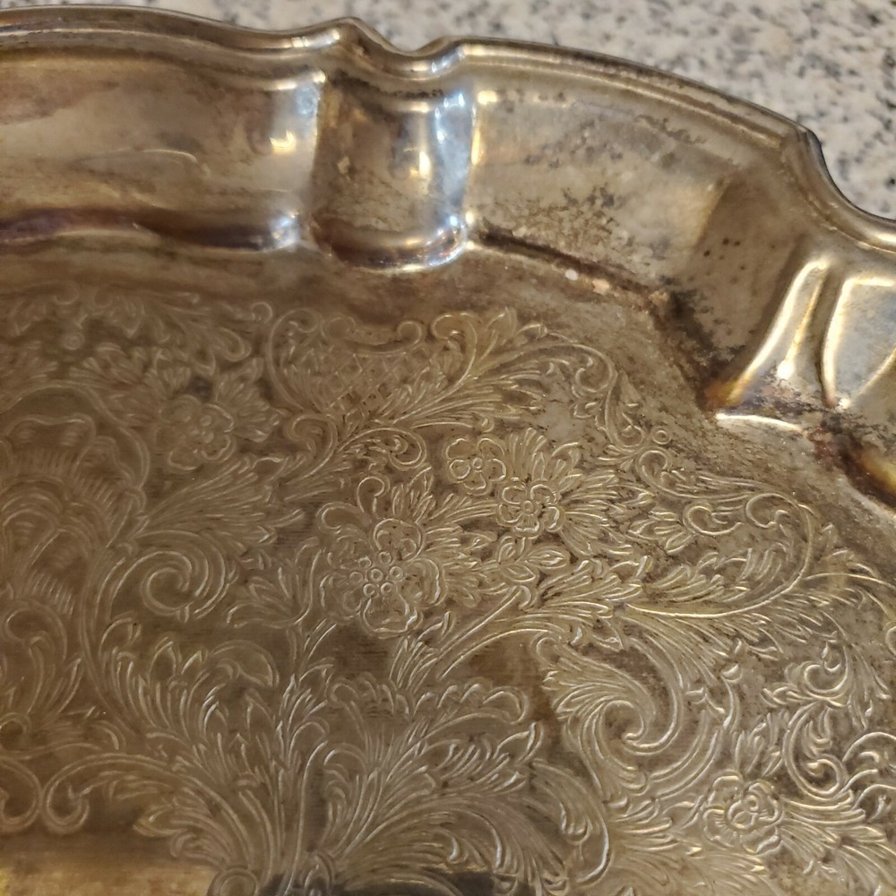 Vintage Ornate Silverplate Serving Tea Tray Footed Scalloped Oval 14" Silver