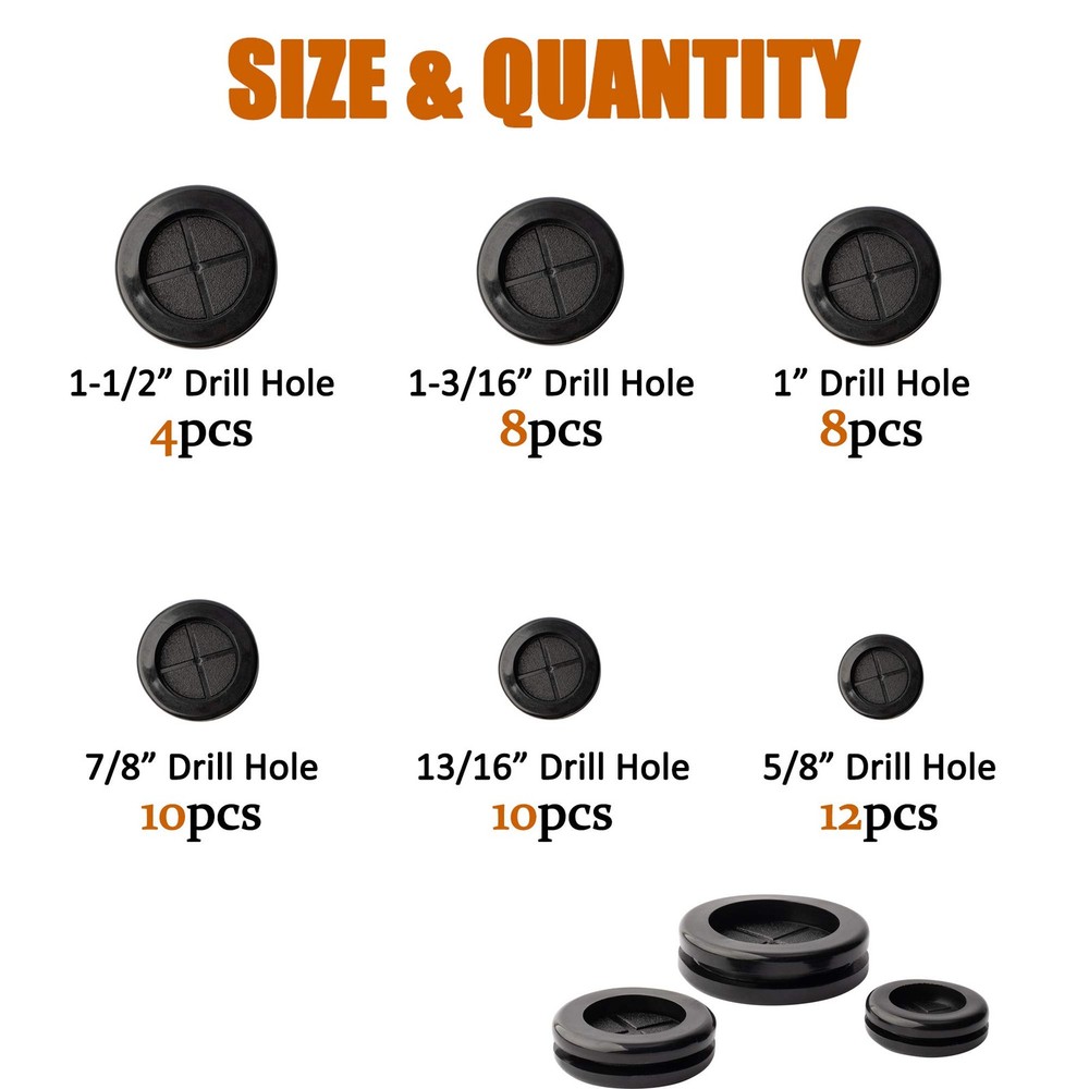 ISPINNER 52pcs 6 Sizes Rubber Grommet, Double Sided Round Hole Black