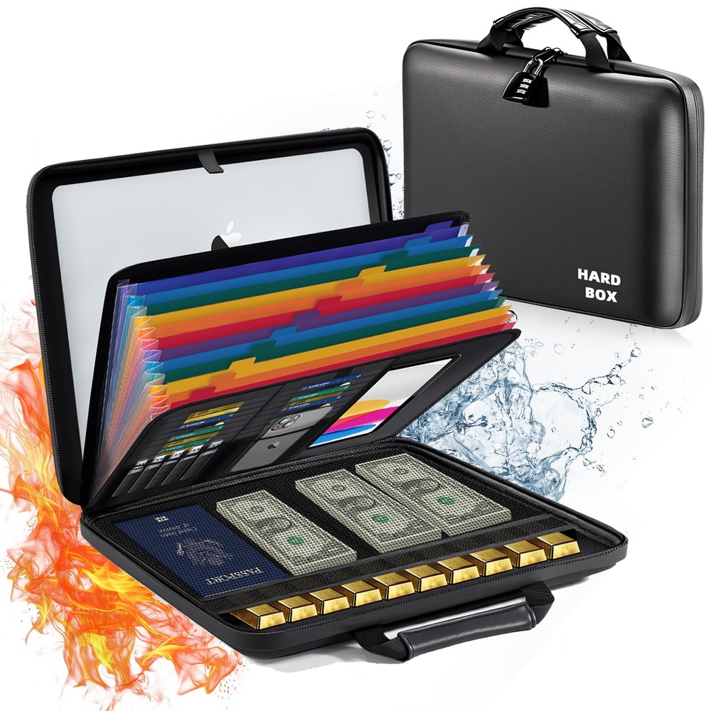 Fireproof Document Box File Organizer: Hard-Shell Case Fireproof Waterproof Box